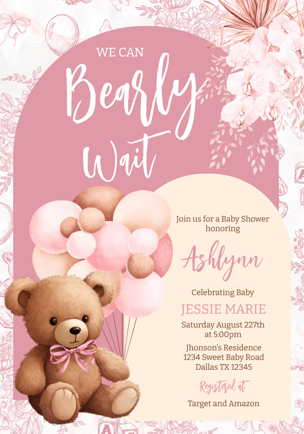 We Can Bearly Wait Brown Bear Balloon Baby Shower Invitation