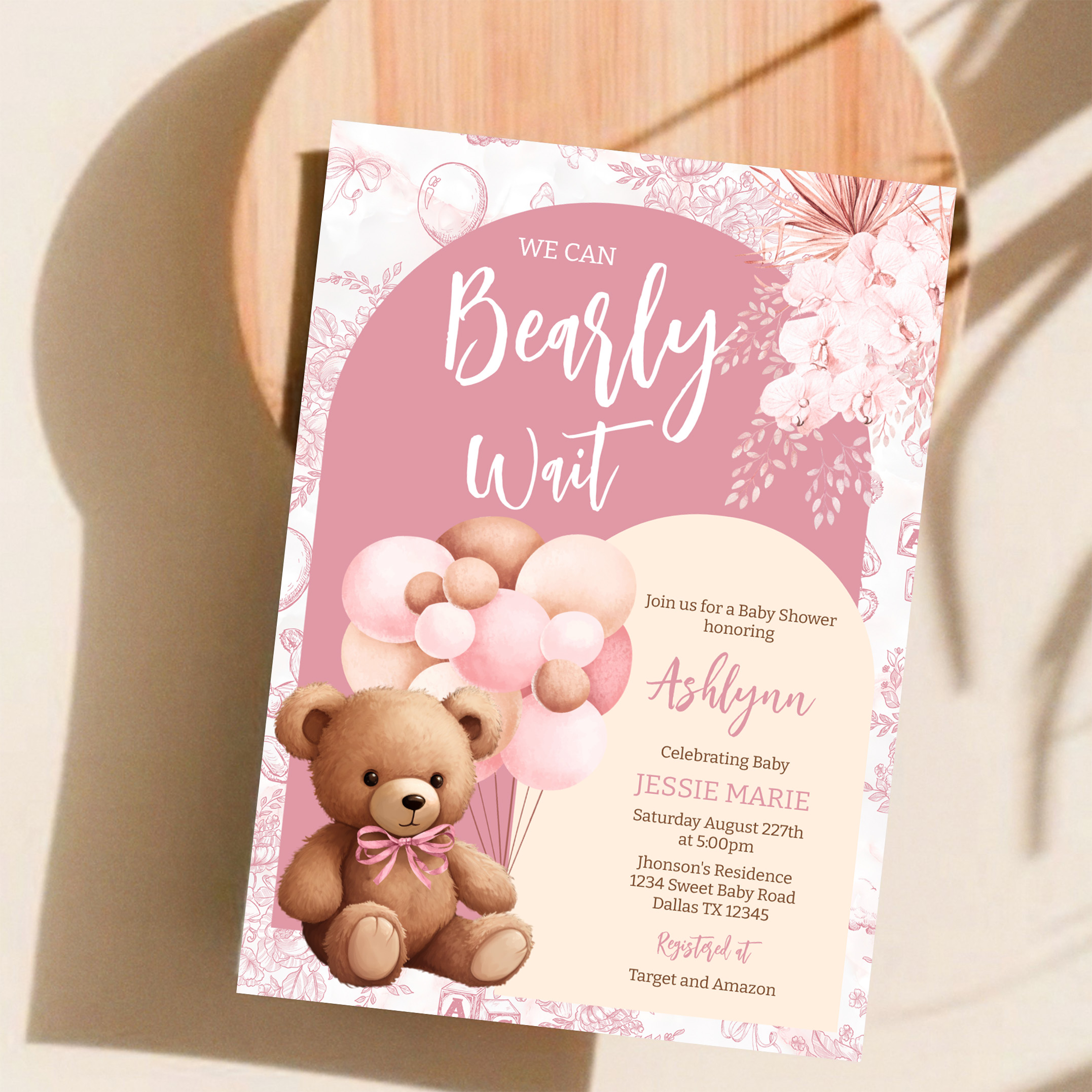We Can Bearly Wait Brown Bear Balloon Baby Shower Invitation - Image 11