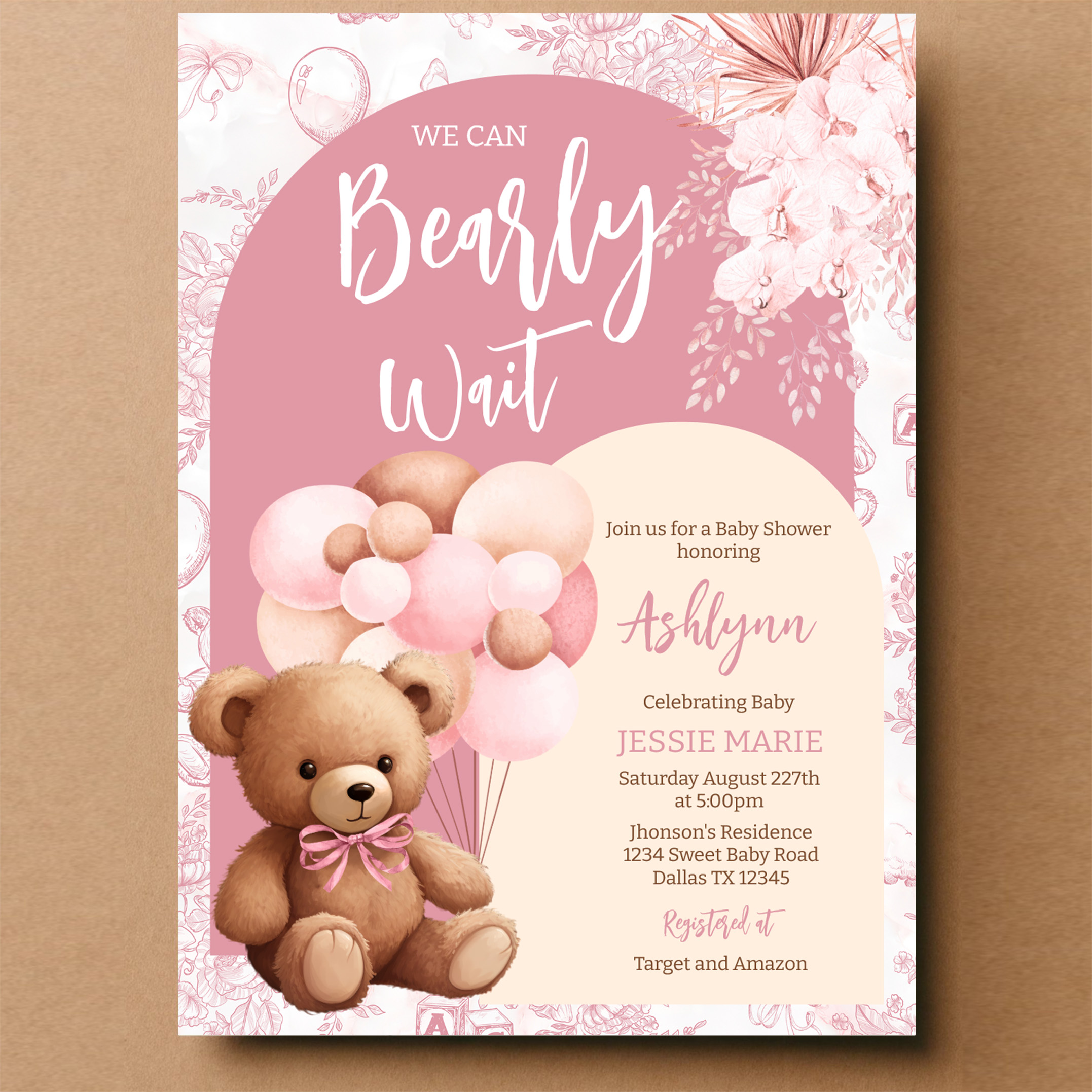 We Can Bearly Wait Brown Bear Balloon Baby Shower Invitation - Image 14