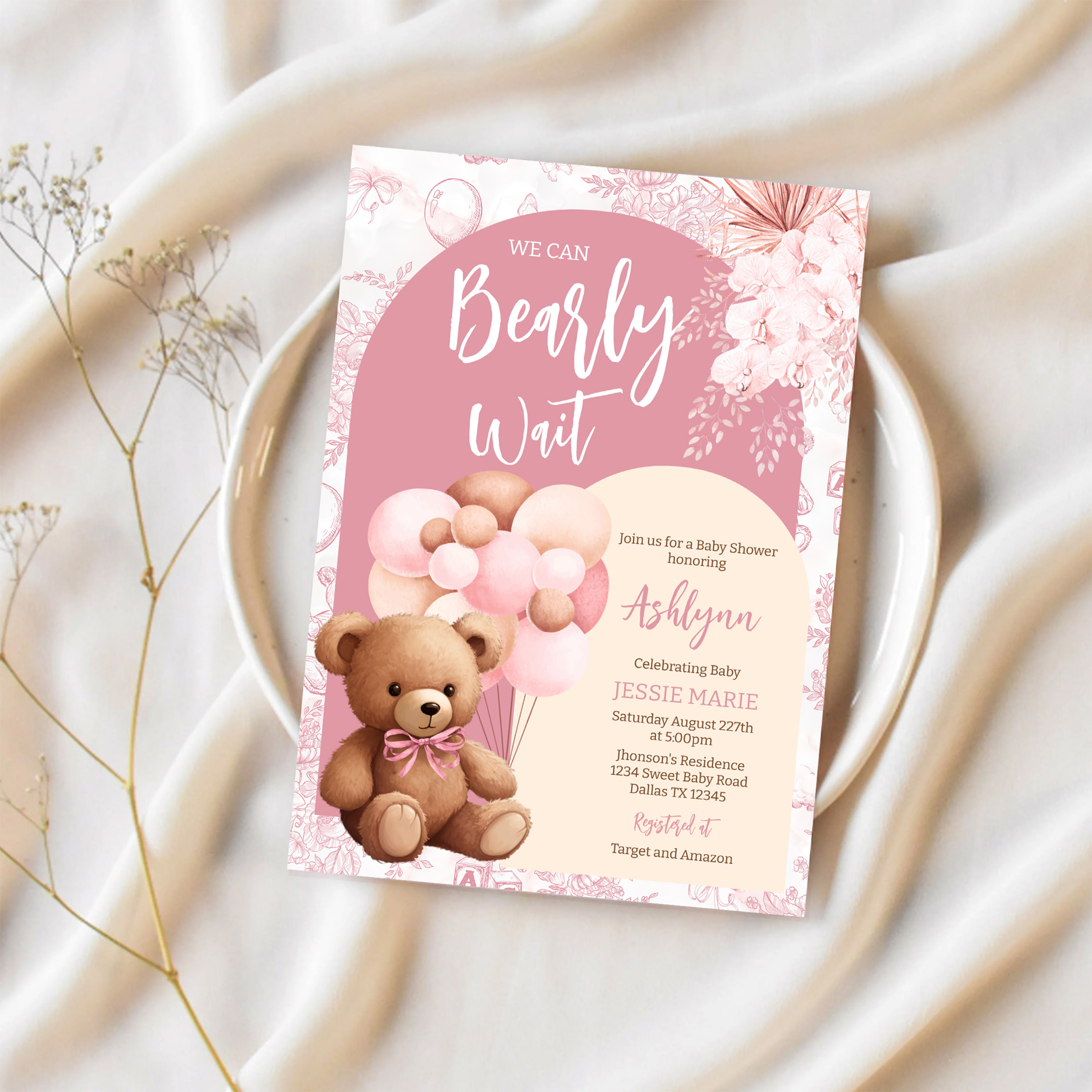 We Can Bearly Wait Brown Bear Balloon Baby Shower Invitation - Image 2