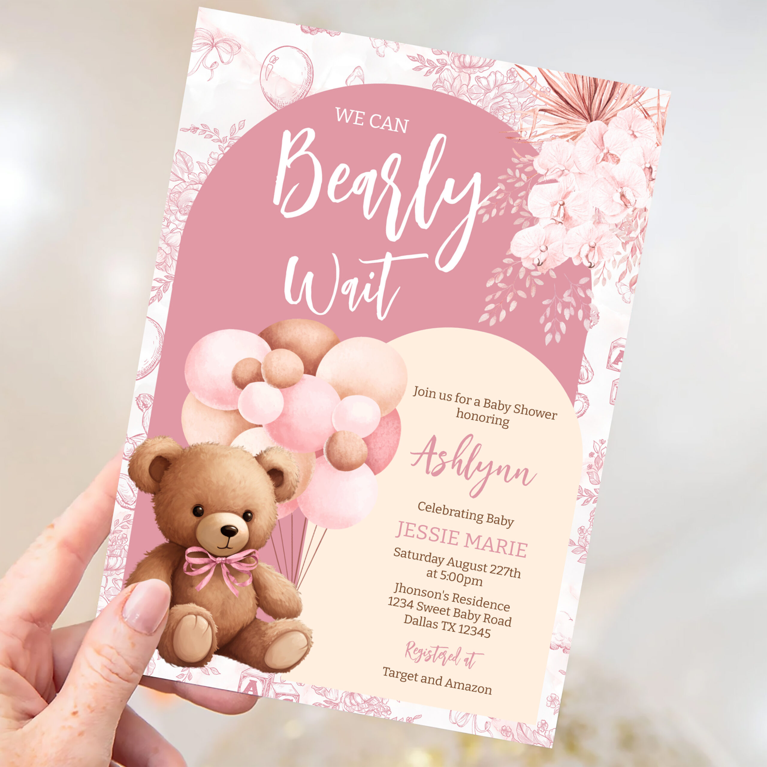 We Can Bearly Wait Brown Bear Balloon Baby Shower Invitation - Image 3