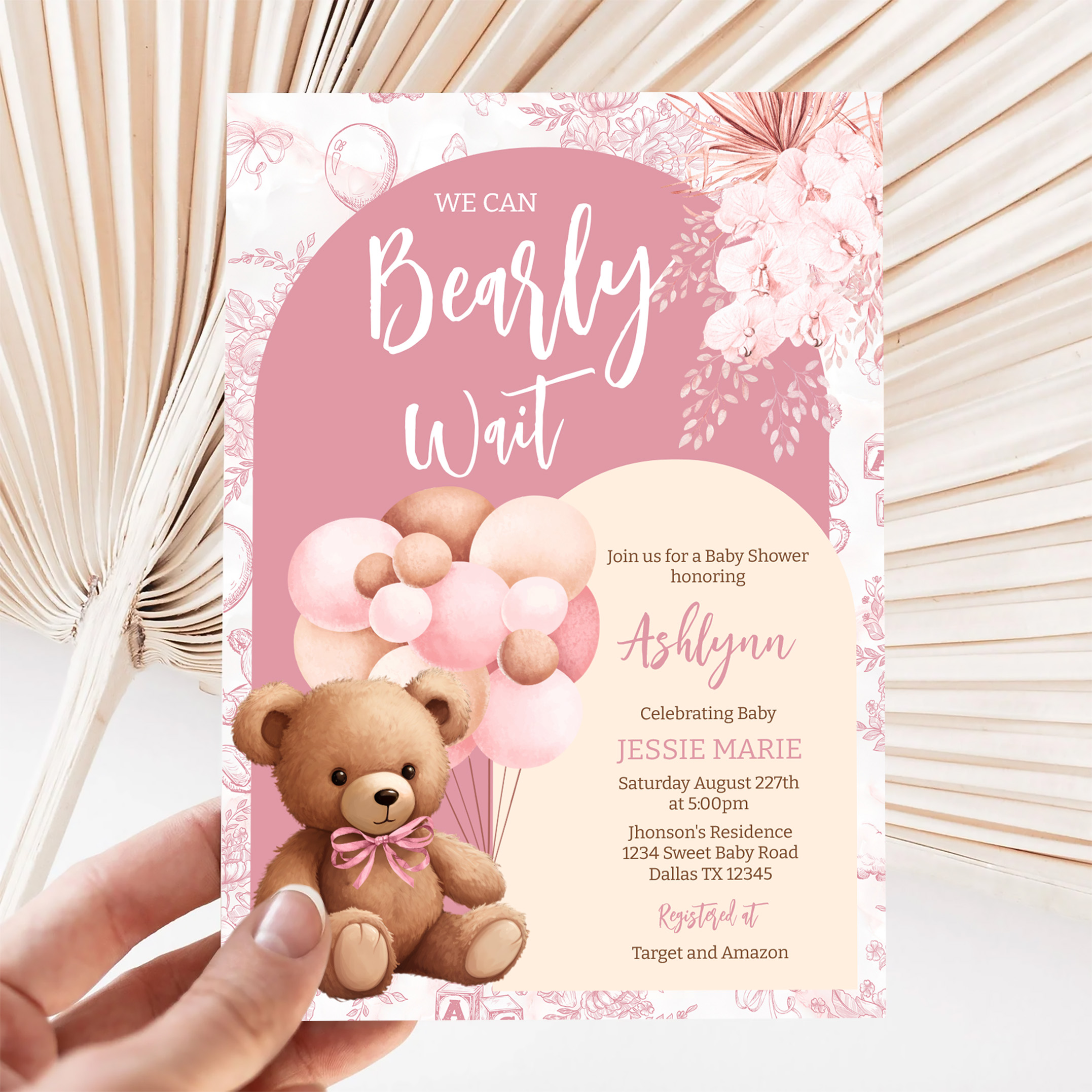 We Can Bearly Wait Brown Bear Balloon Baby Shower Invitation - Image 5