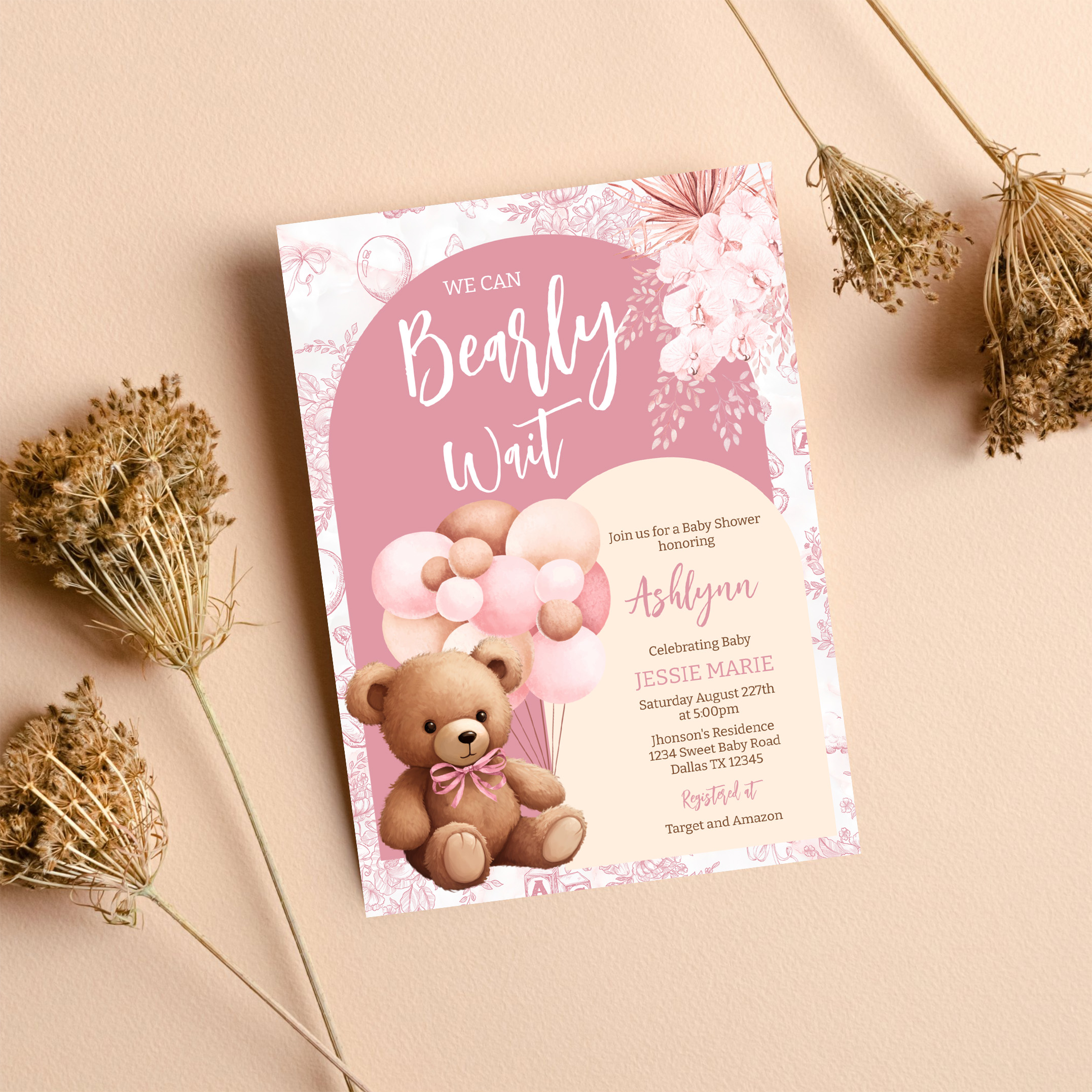 We Can Bearly Wait Brown Bear Balloon Baby Shower Invitation - Image 8