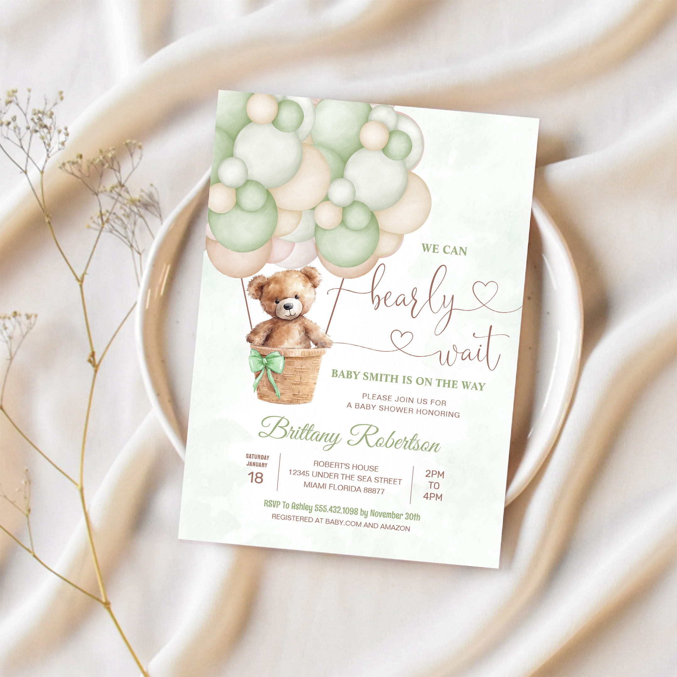 We Can Bearly Wait Girl Teddy Bear Baby Shower Invitation - Image 2