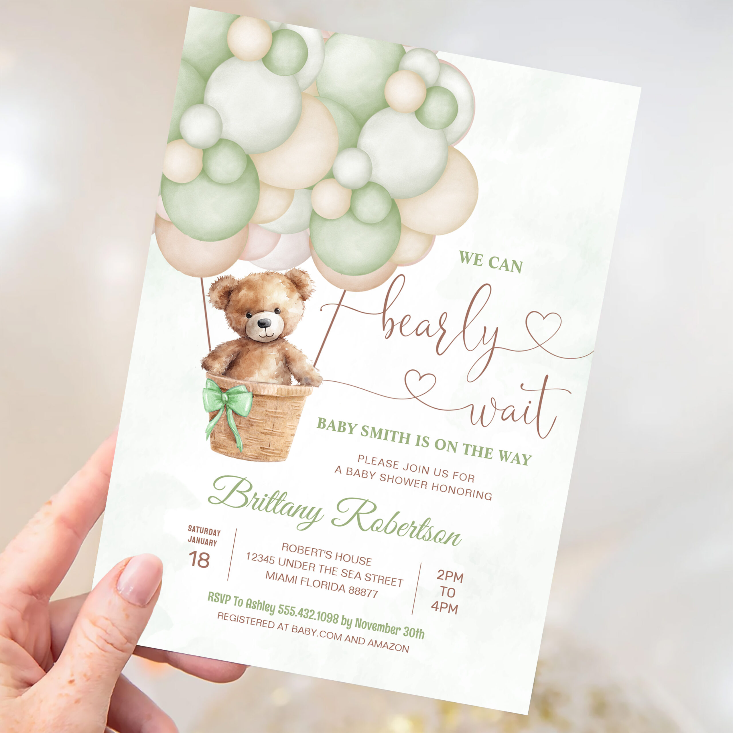 We Can Bearly Wait Girl Teddy Bear Baby Shower Invitation - Image 3