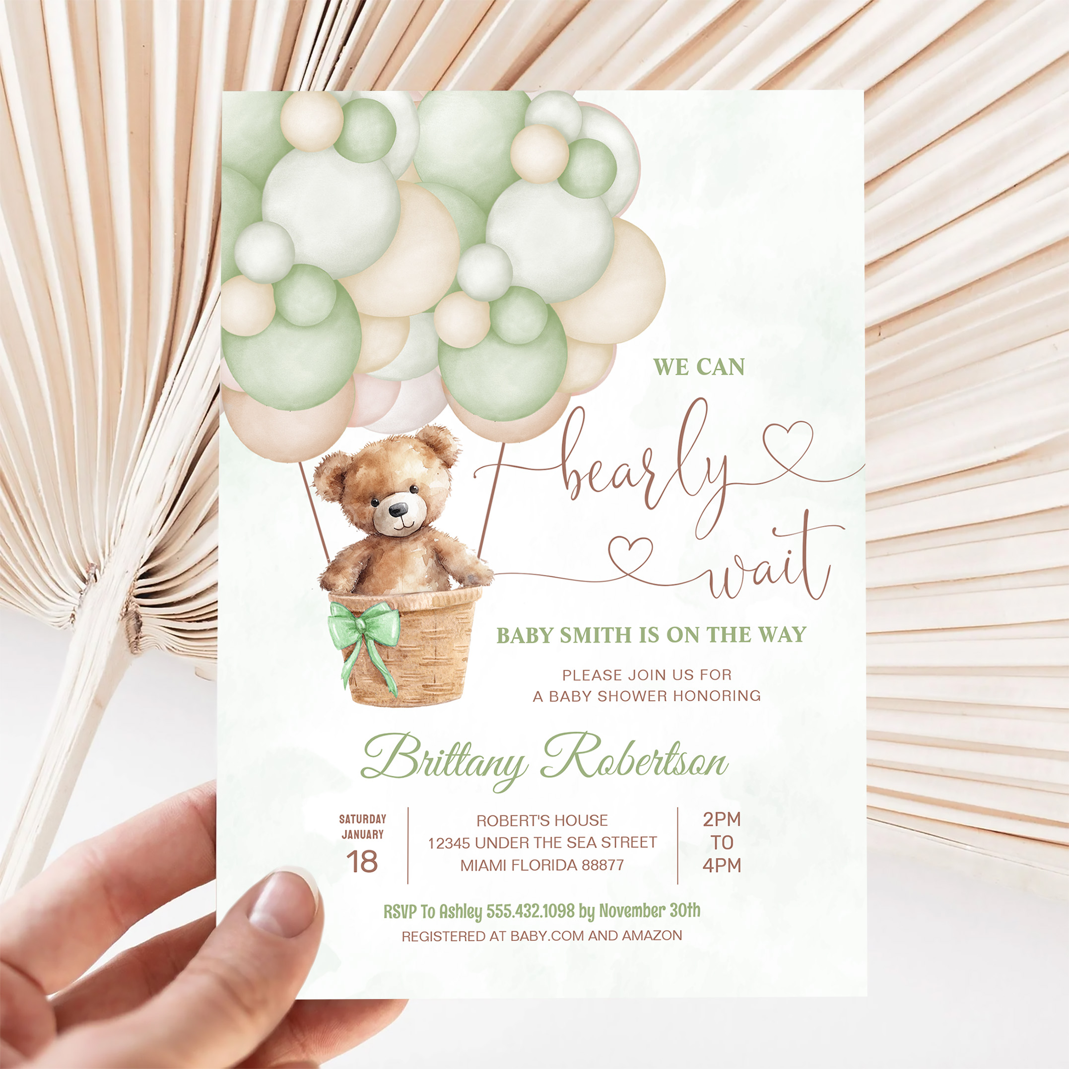 We Can Bearly Wait Girl Teddy Bear Baby Shower Invitation - Image 5