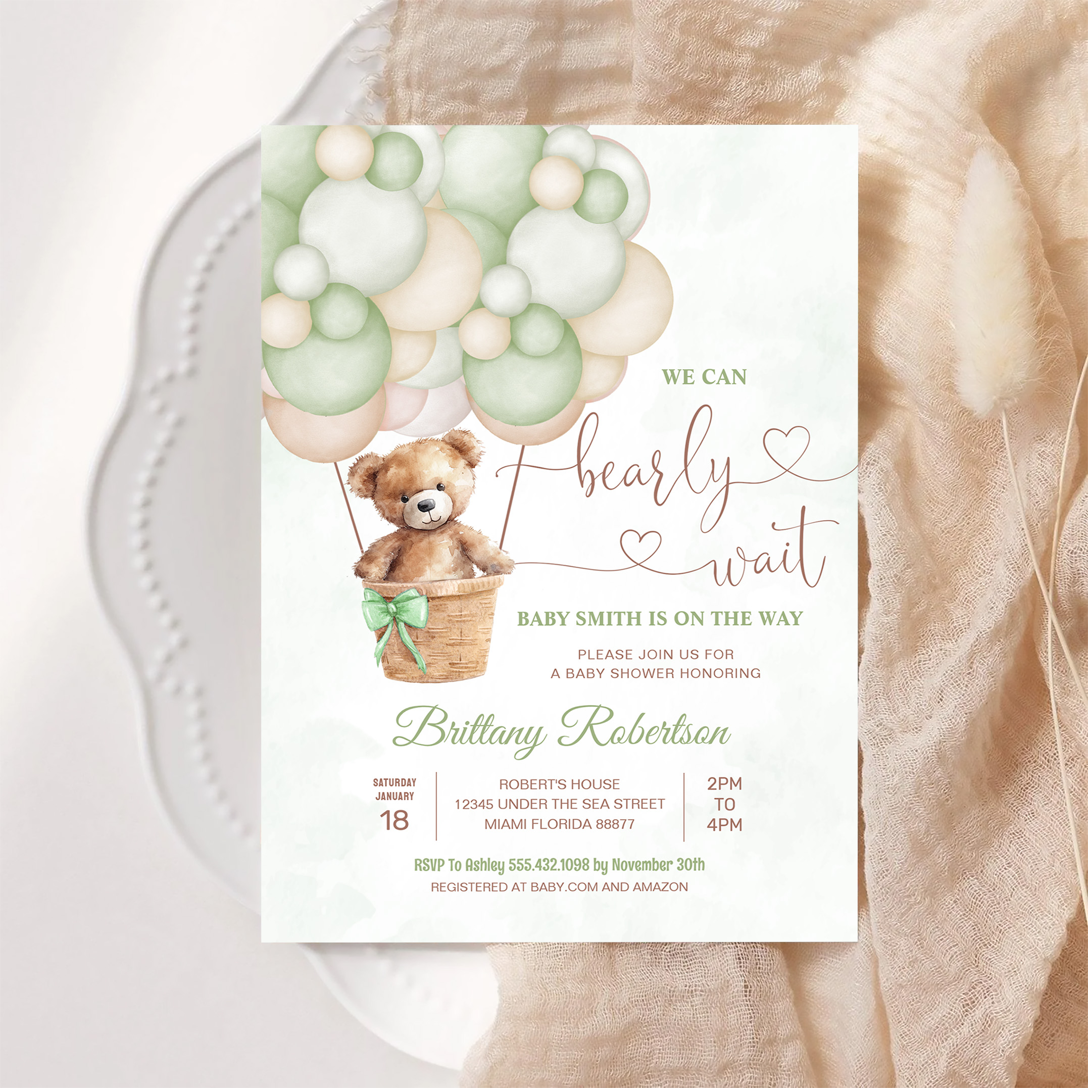 We Can Bearly Wait Girl Teddy Bear Baby Shower Invitation - Image 6