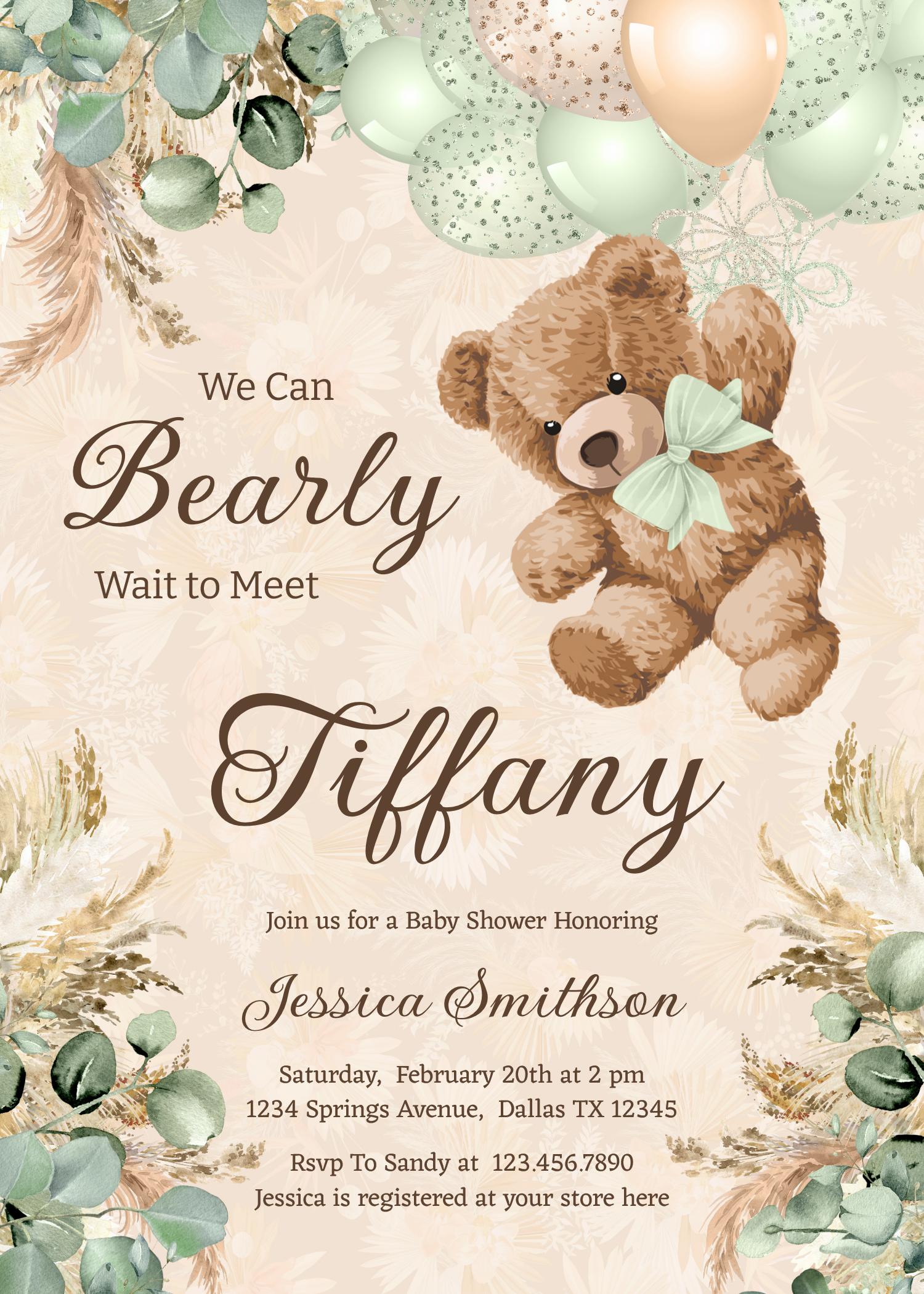 We Can Bearly Wait Green Teddy Bear Baby Shower Invitation