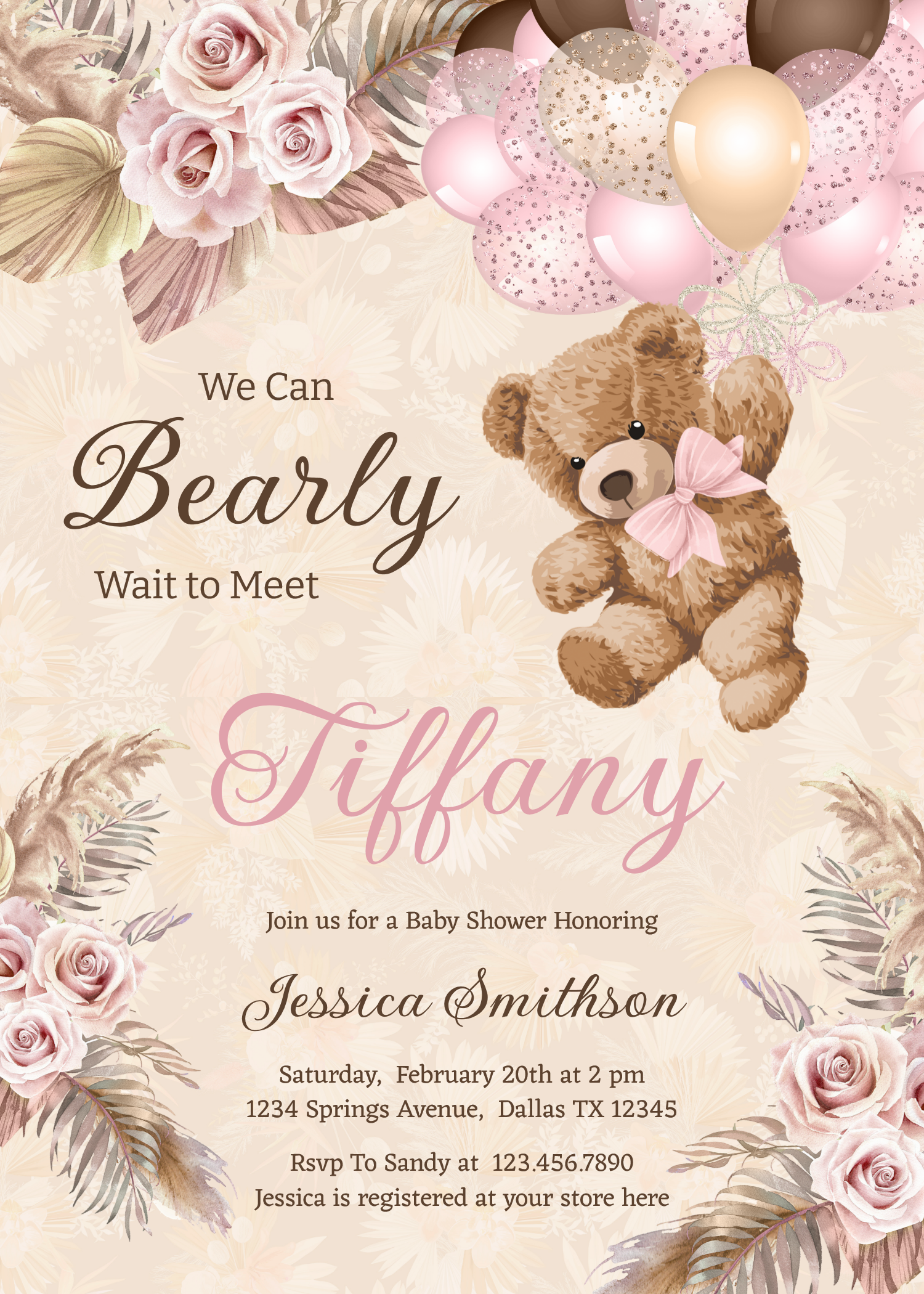 We Can Bearly Wait Pink Pampas Grass Baby Shower Invitation