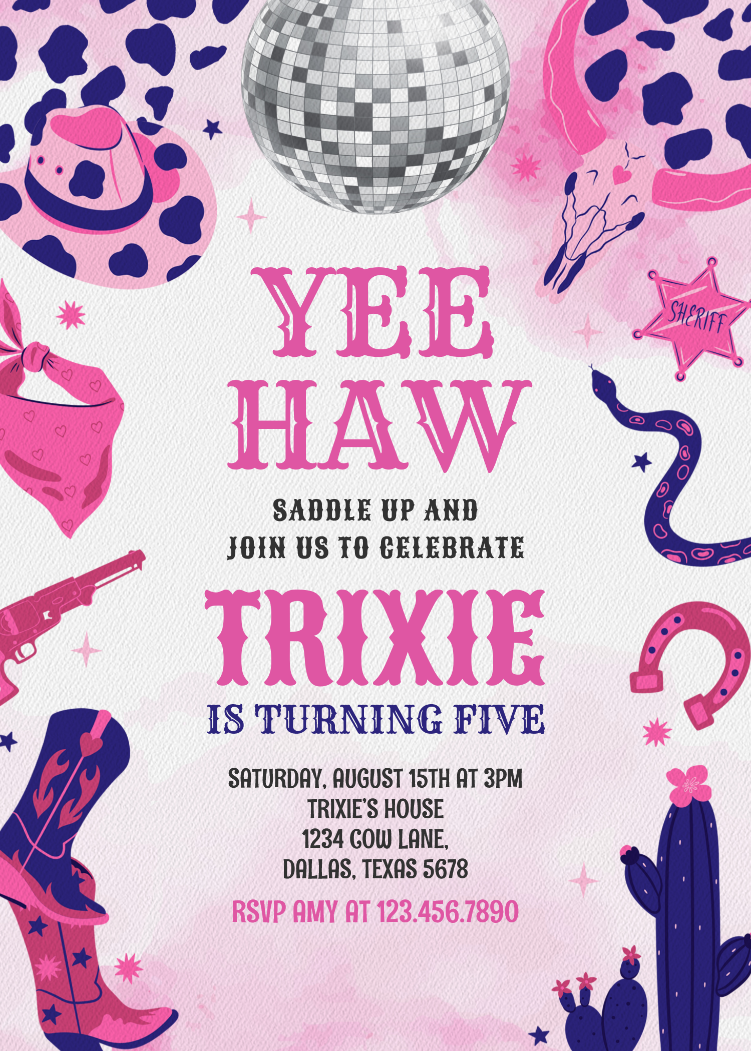 Yee Haw Cowgirl Disco Party Space Cowgirl Birthday Invitation