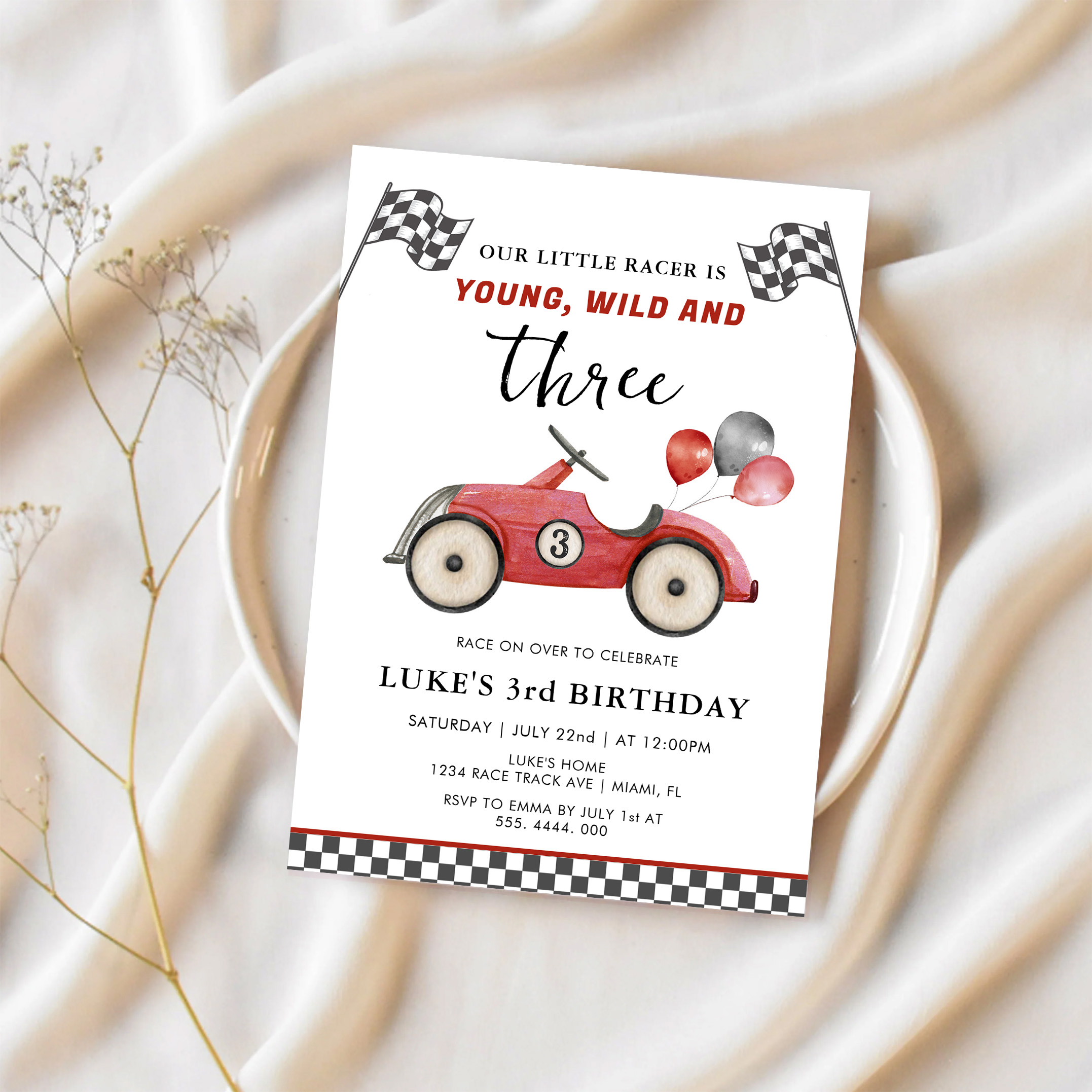 Young Wild Three Boys Race Car Birthday Invitation - Image 2