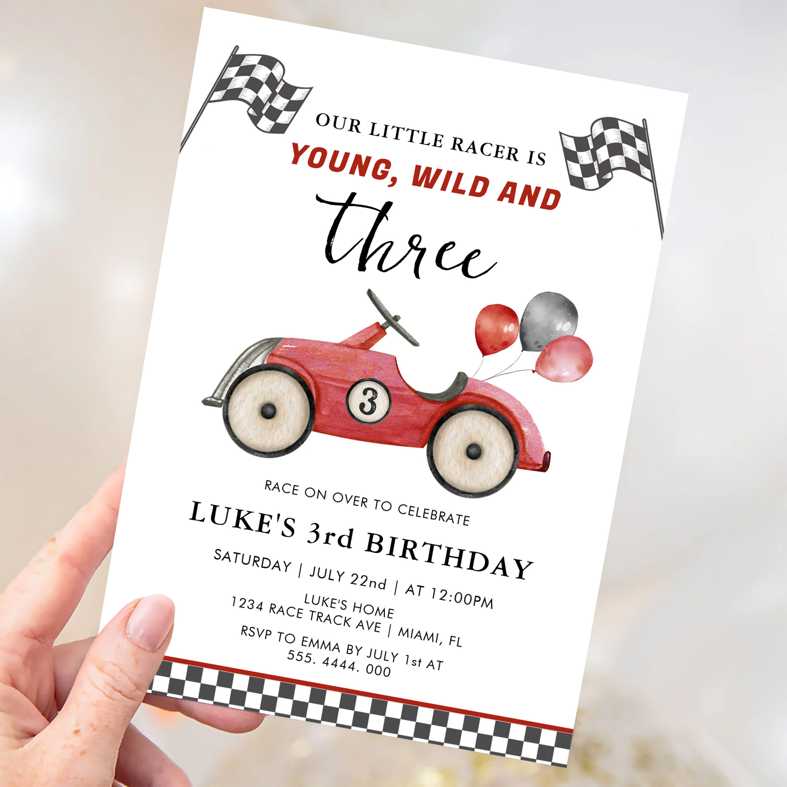 Young Wild Three Boys Race Car Birthday Invitation - Image 3