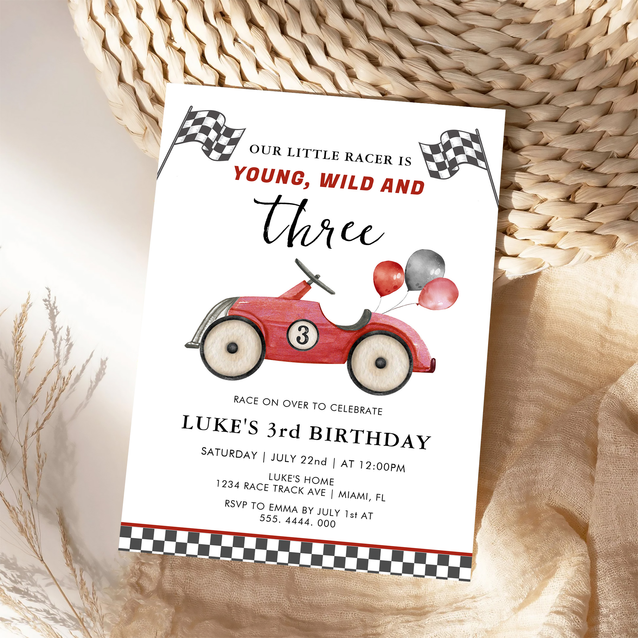 Young Wild Three Boys Race Car Birthday Invitation - Image 4