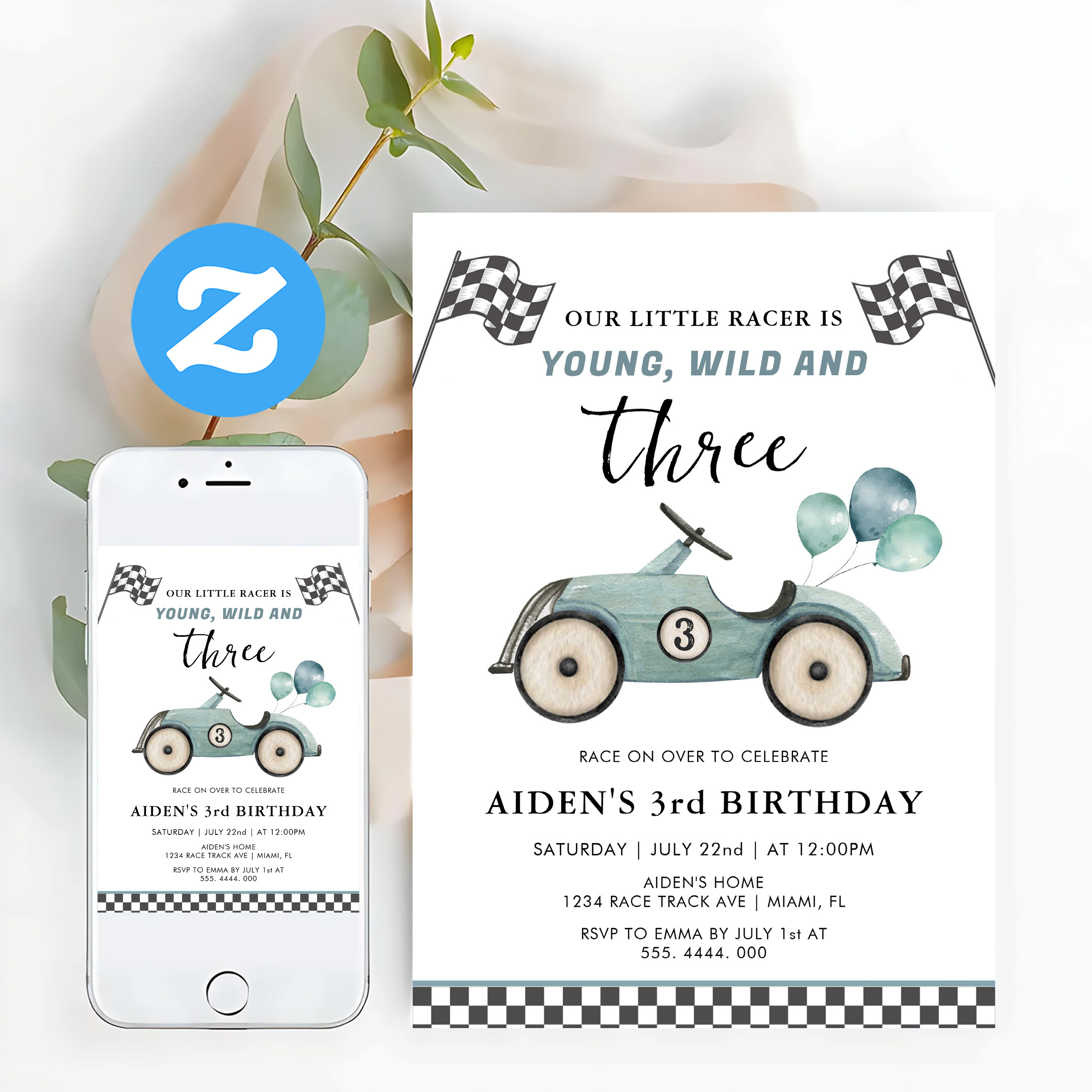 Young Wild Three Boys Race Car Birthday Invitation - Image 12