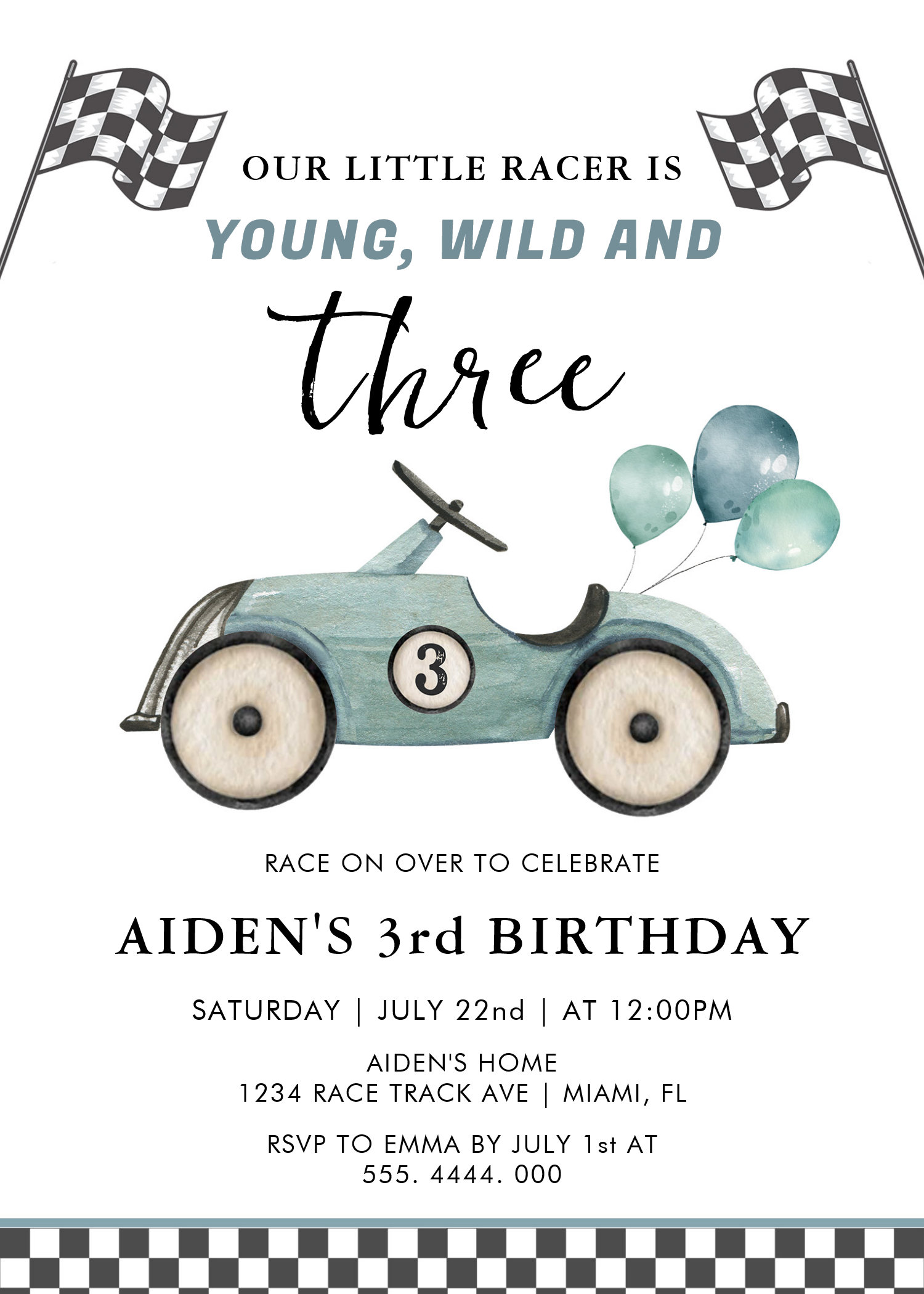Young Wild Three Boys Race Car Birthday Invitation