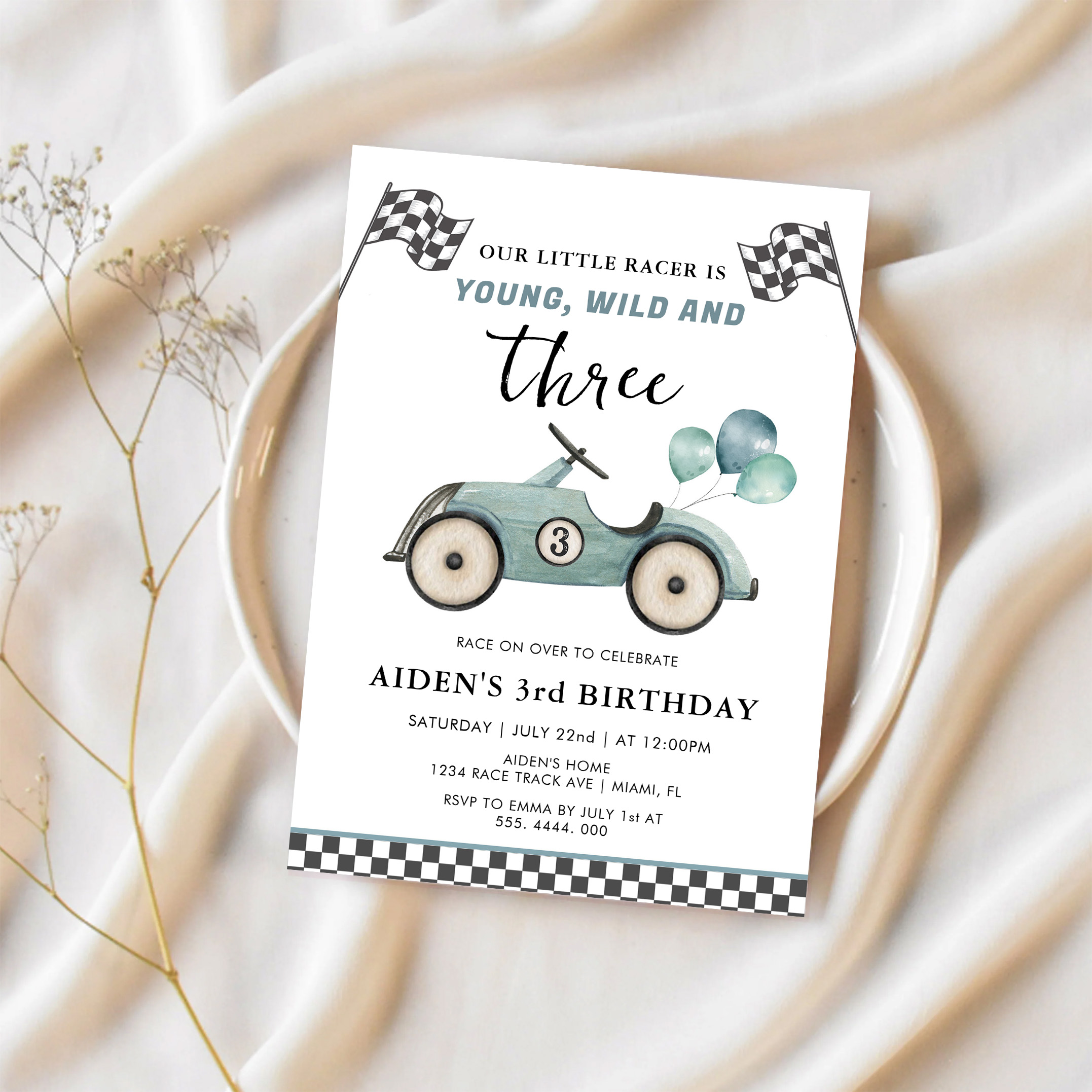 Young Wild Three Boys Race Car Birthday Invitation - Image 2