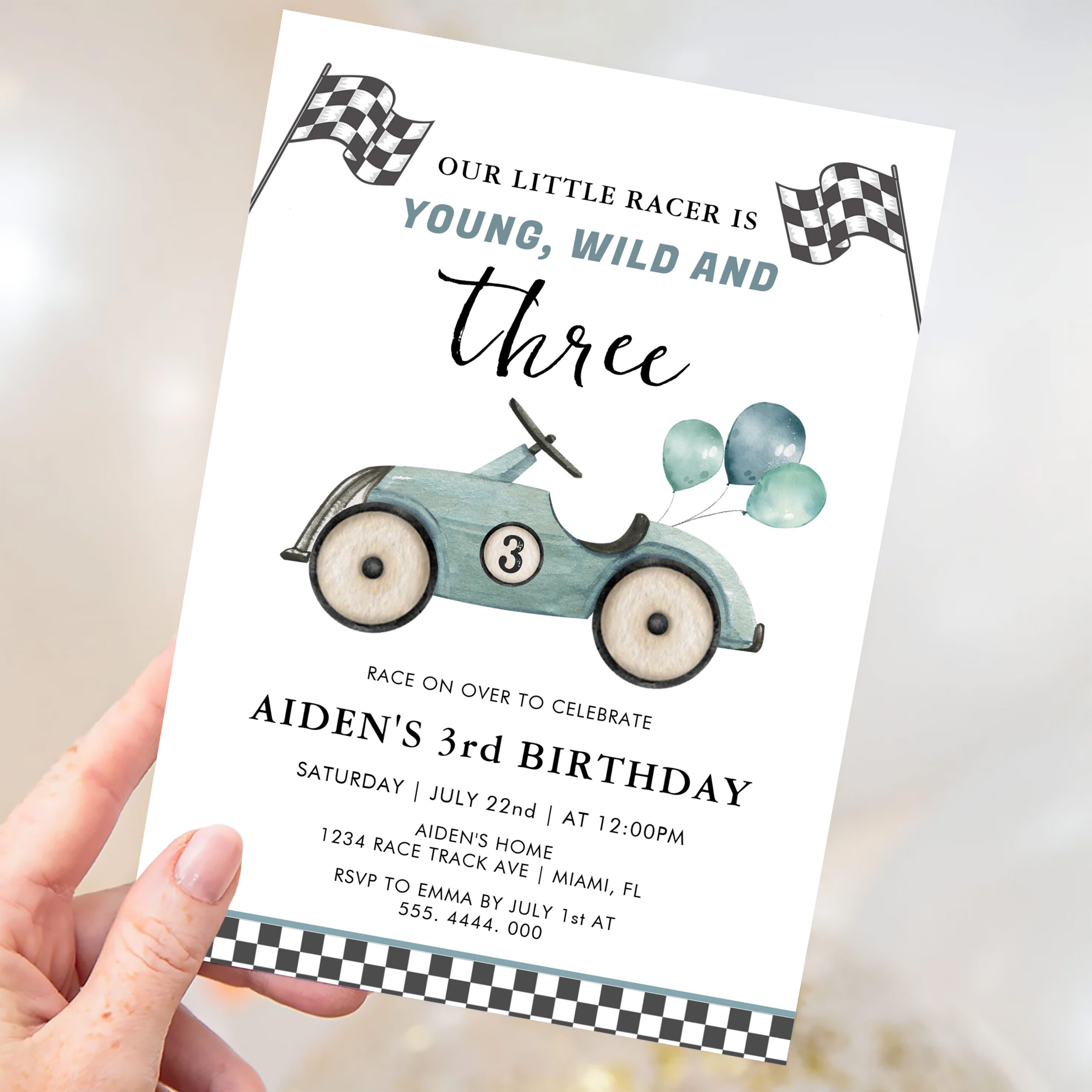 Young Wild Three Boys Race Car Birthday Invitation - Image 3