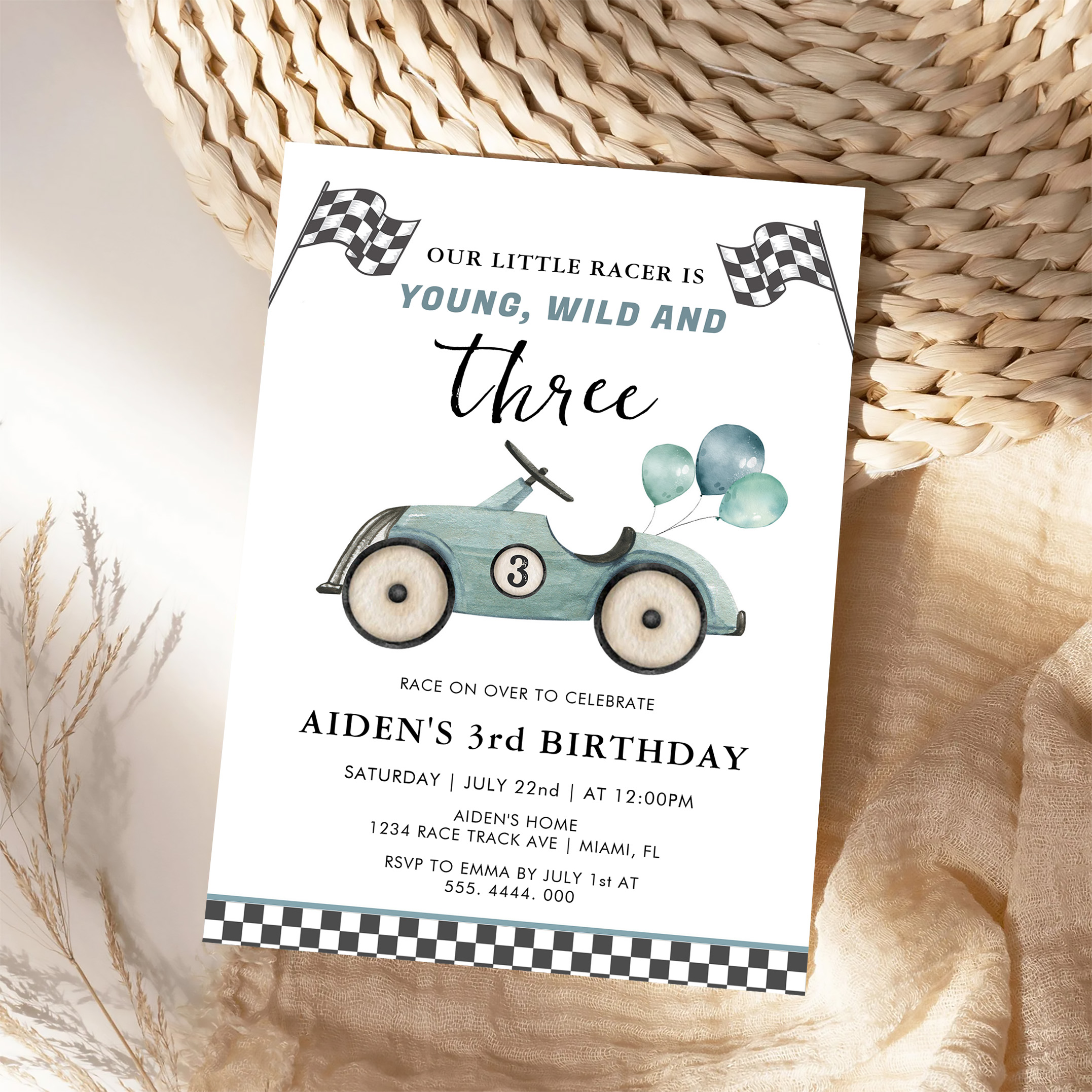 Young Wild Three Boys Race Car Birthday Invitation - Image 4
