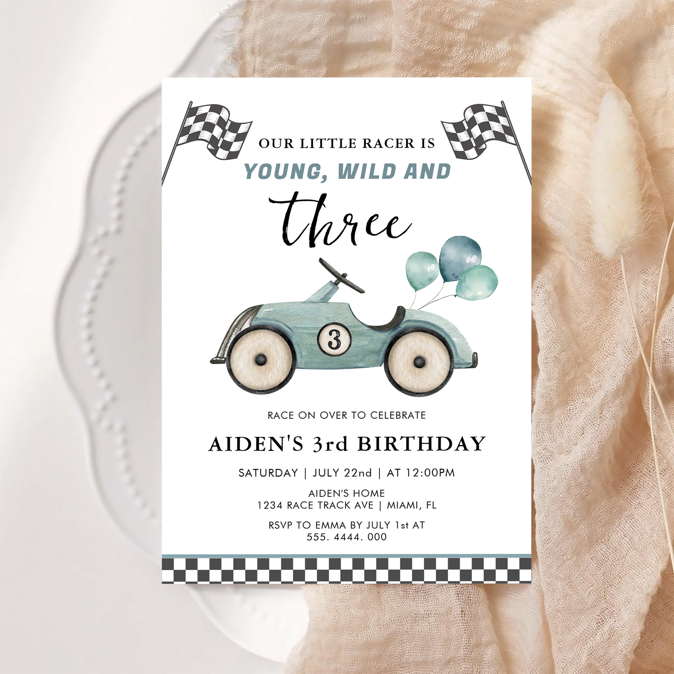 Young Wild Three Boys Race Car Birthday Invitation - Image 6