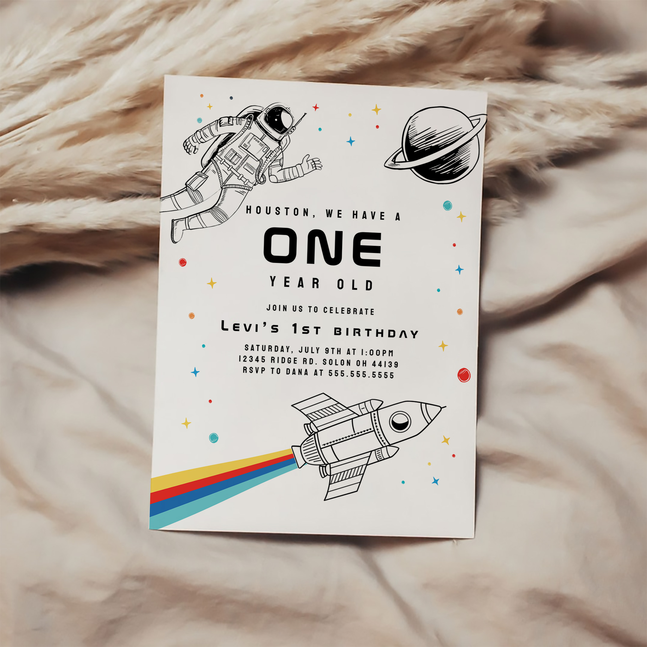 Modern Retro Astronaut Rocket Space First Birthday Invitation - Image 2