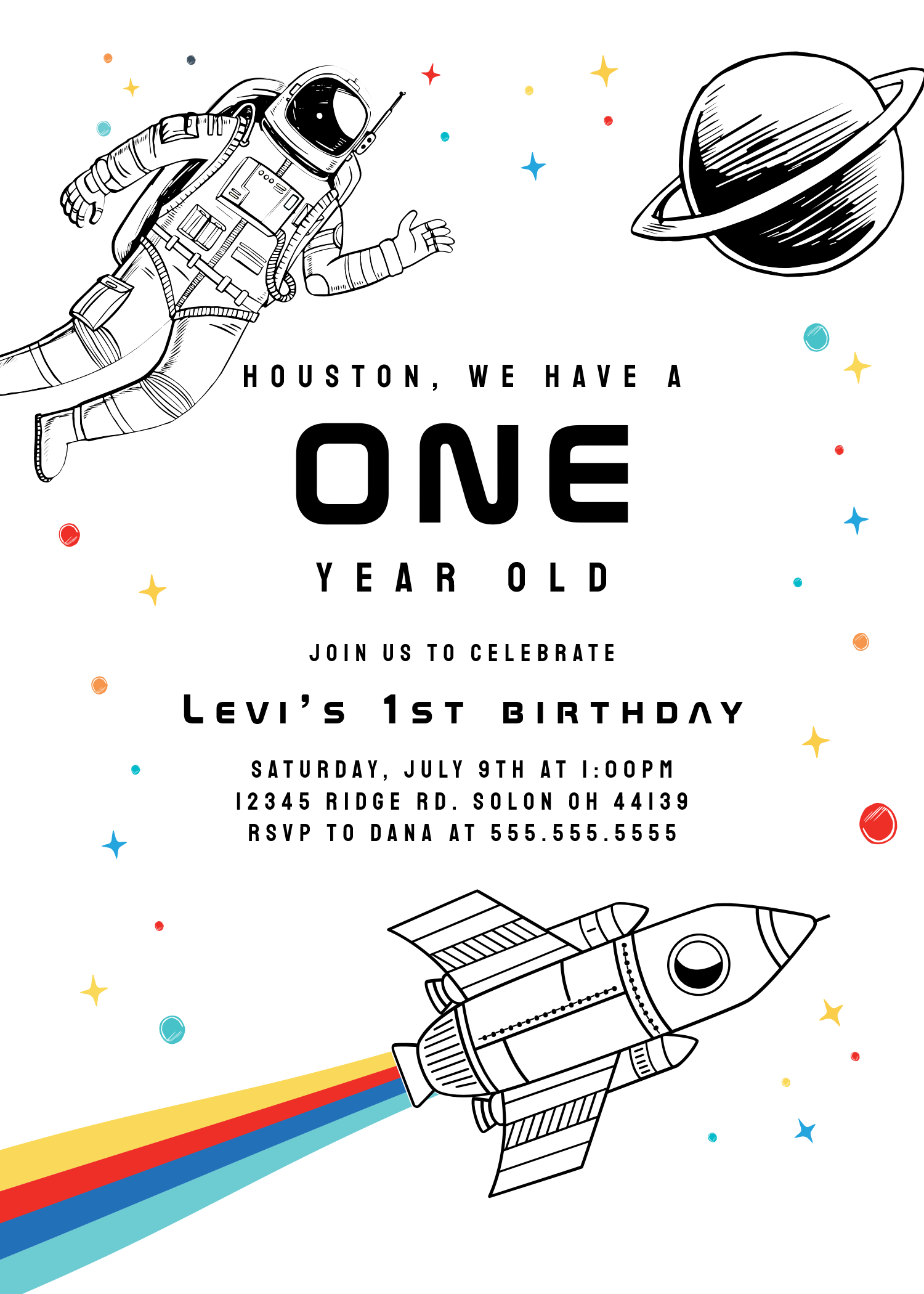 Modern Retro Astronaut Rocket Space First Birthday Invitation - Image 5