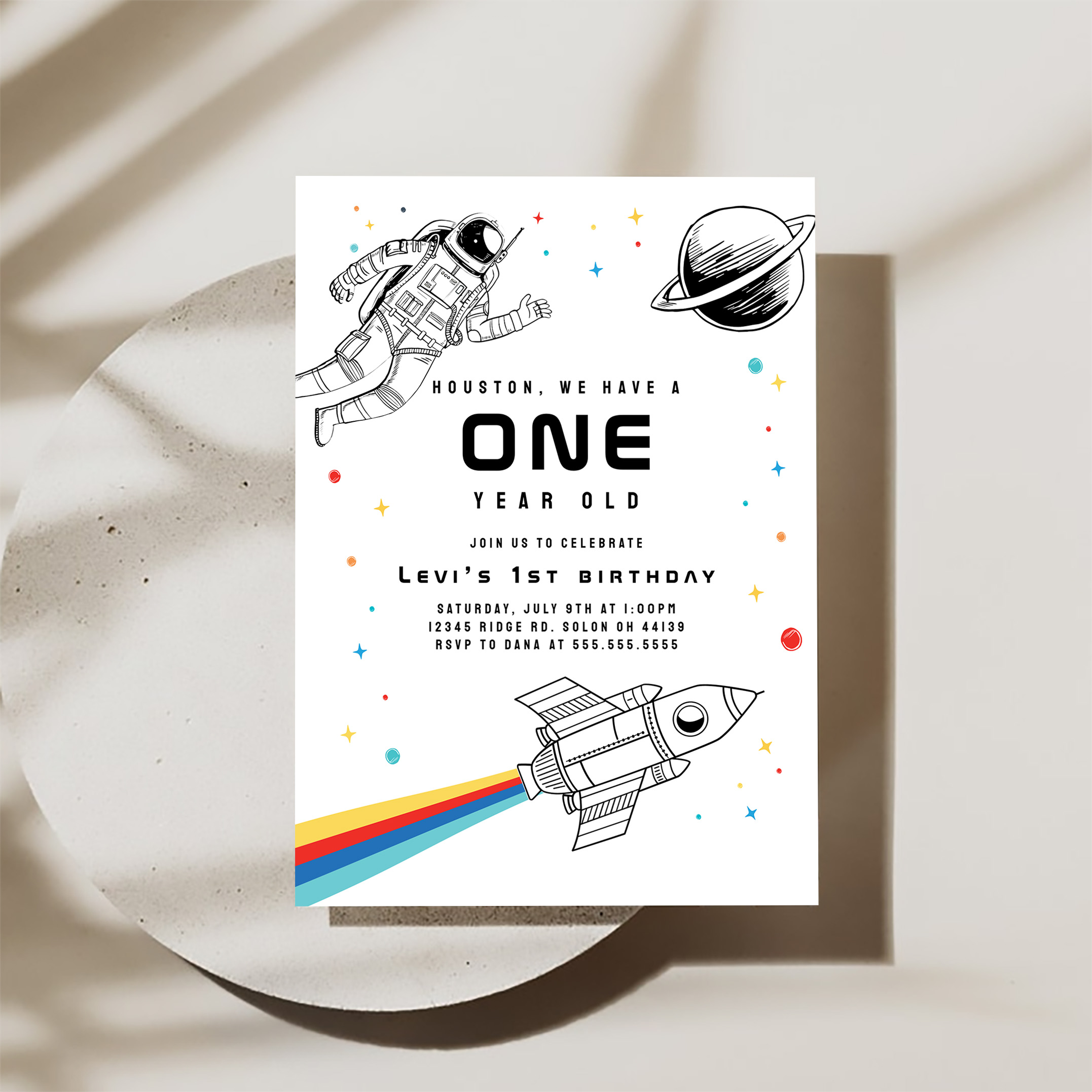 Modern Retro Astronaut Rocket Space First Birthday Invitation - Image 3