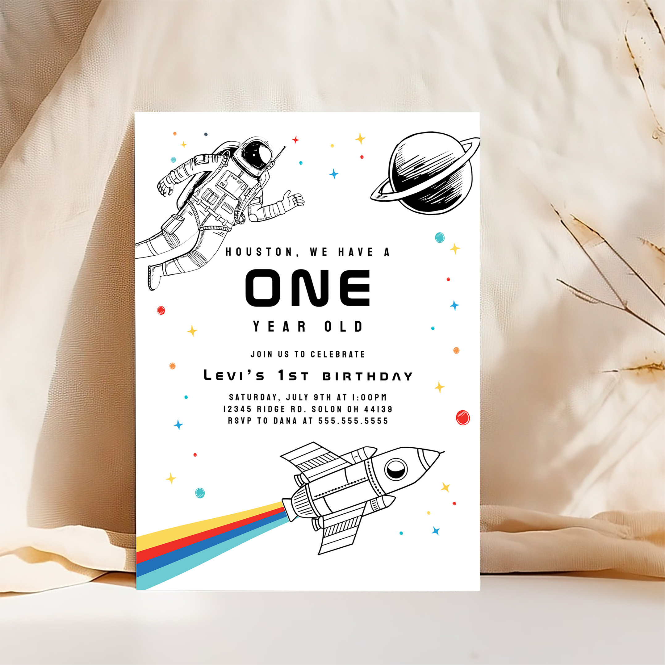 Modern Retro Astronaut Rocket Space First Birthday Invitation - Image 4