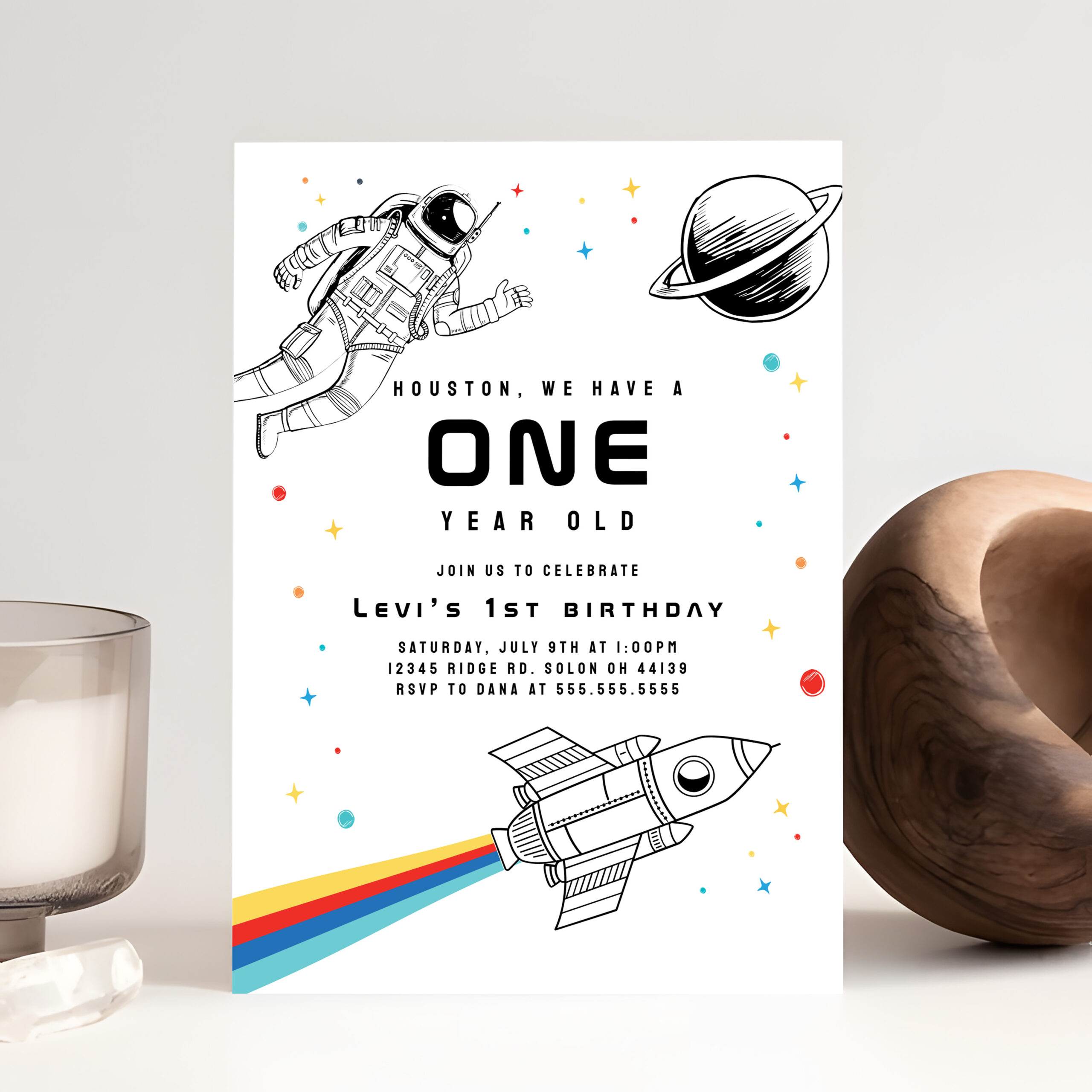 Modern Retro Astronaut Rocket Space First Birthday Invitation