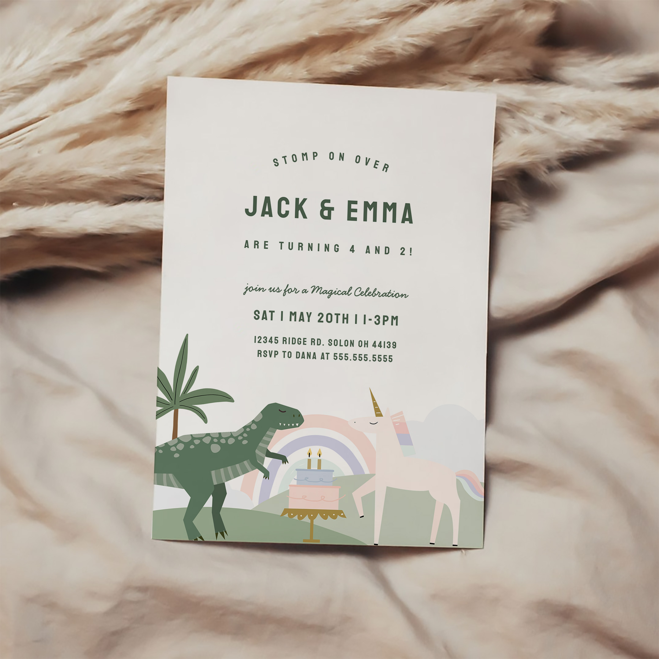 Unicorn And Dinosaur Sibling Joint Birthday Invitation - Image 2