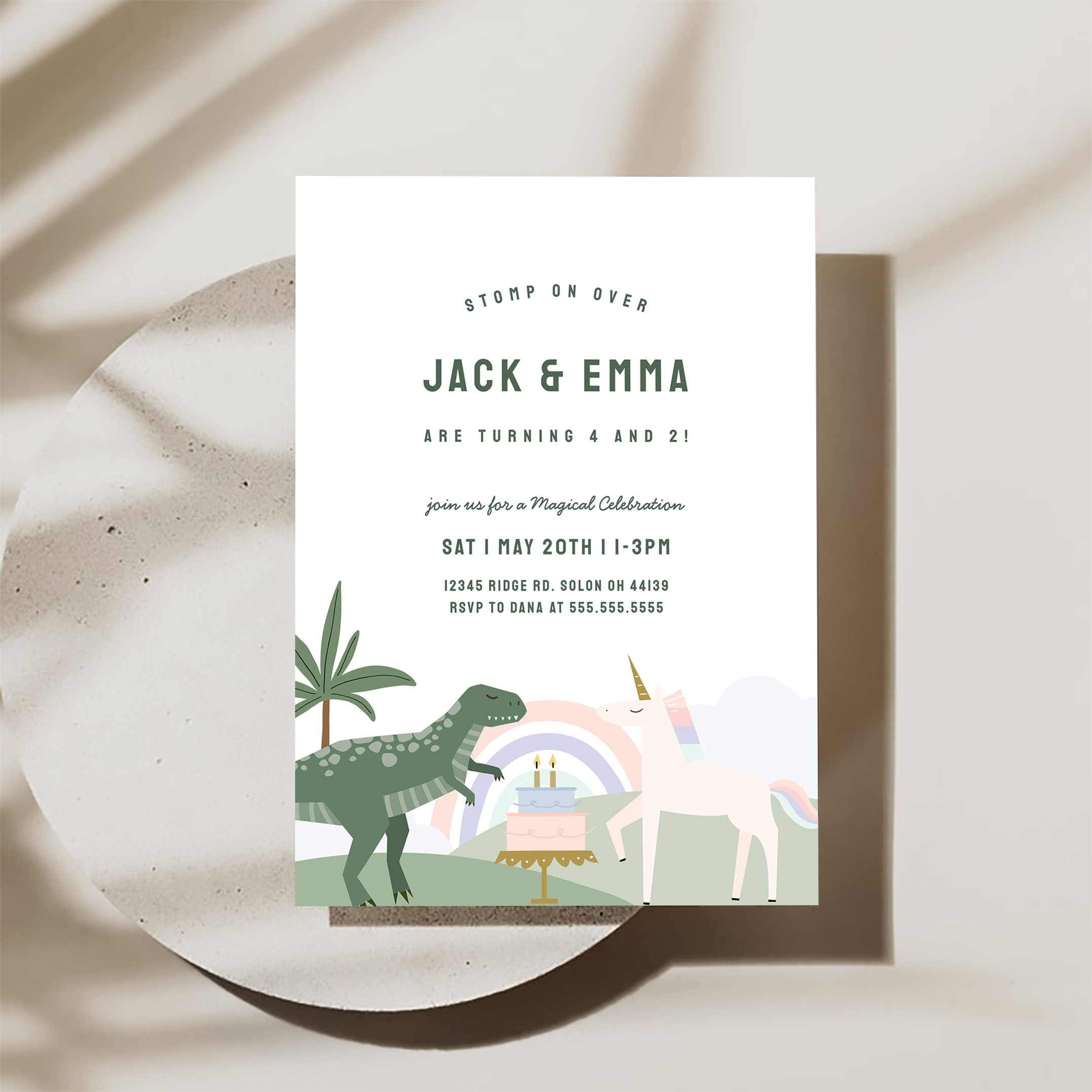 Unicorn And Dinosaur Sibling Joint Birthday Invitation - Image 3