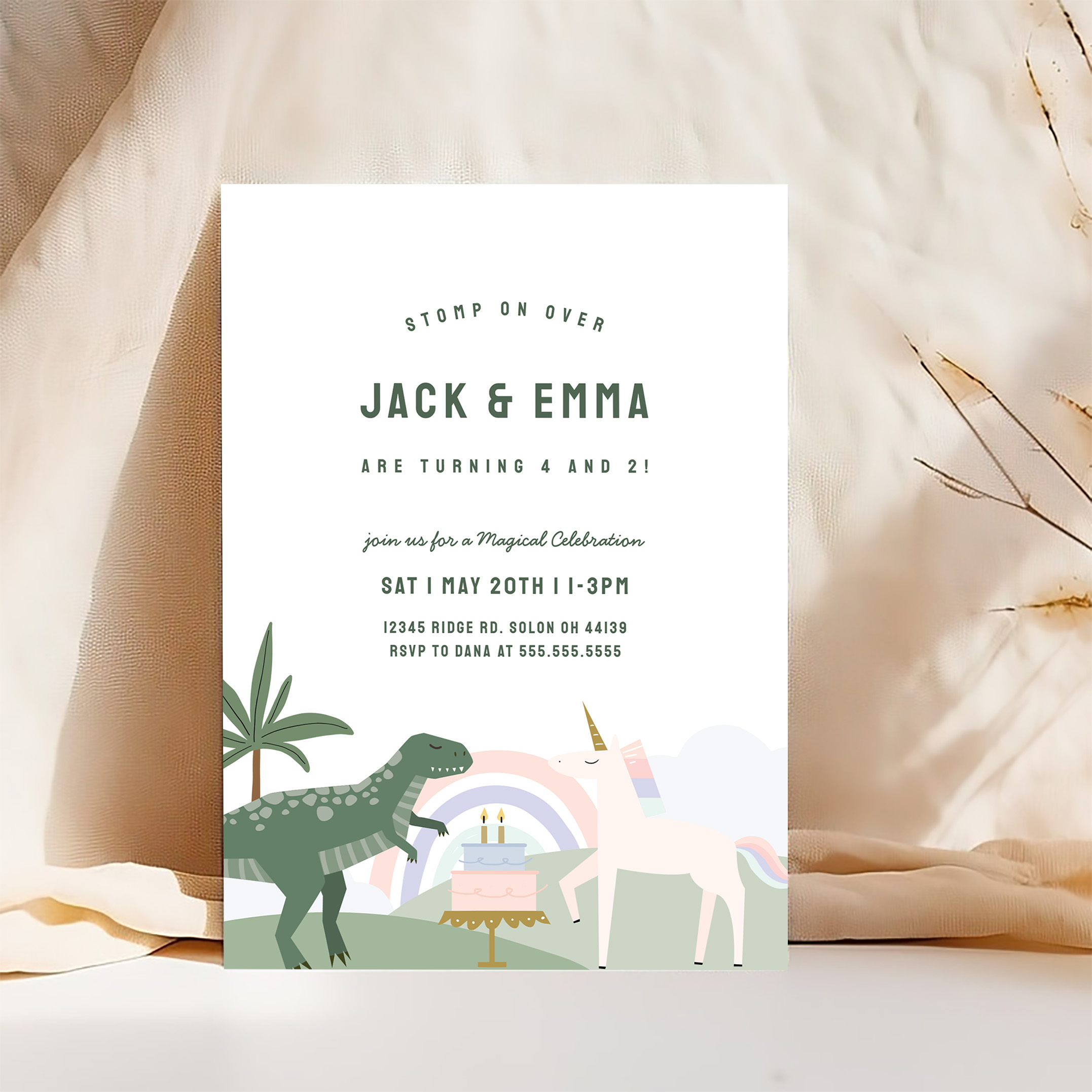 Unicorn And Dinosaur Sibling Joint Birthday Invitation - Image 4