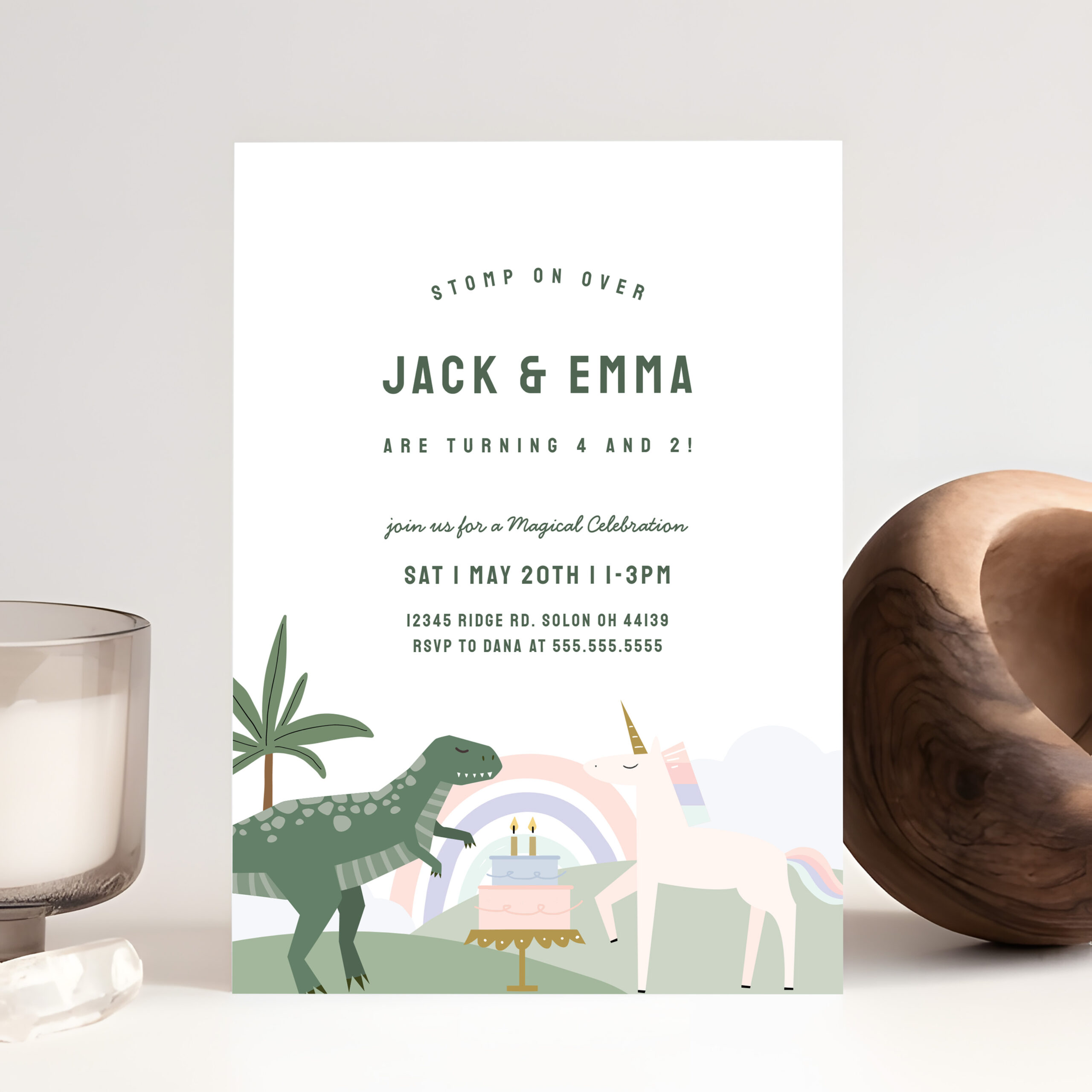 Unicorn And Dinosaur Sibling Joint Birthday Invitation