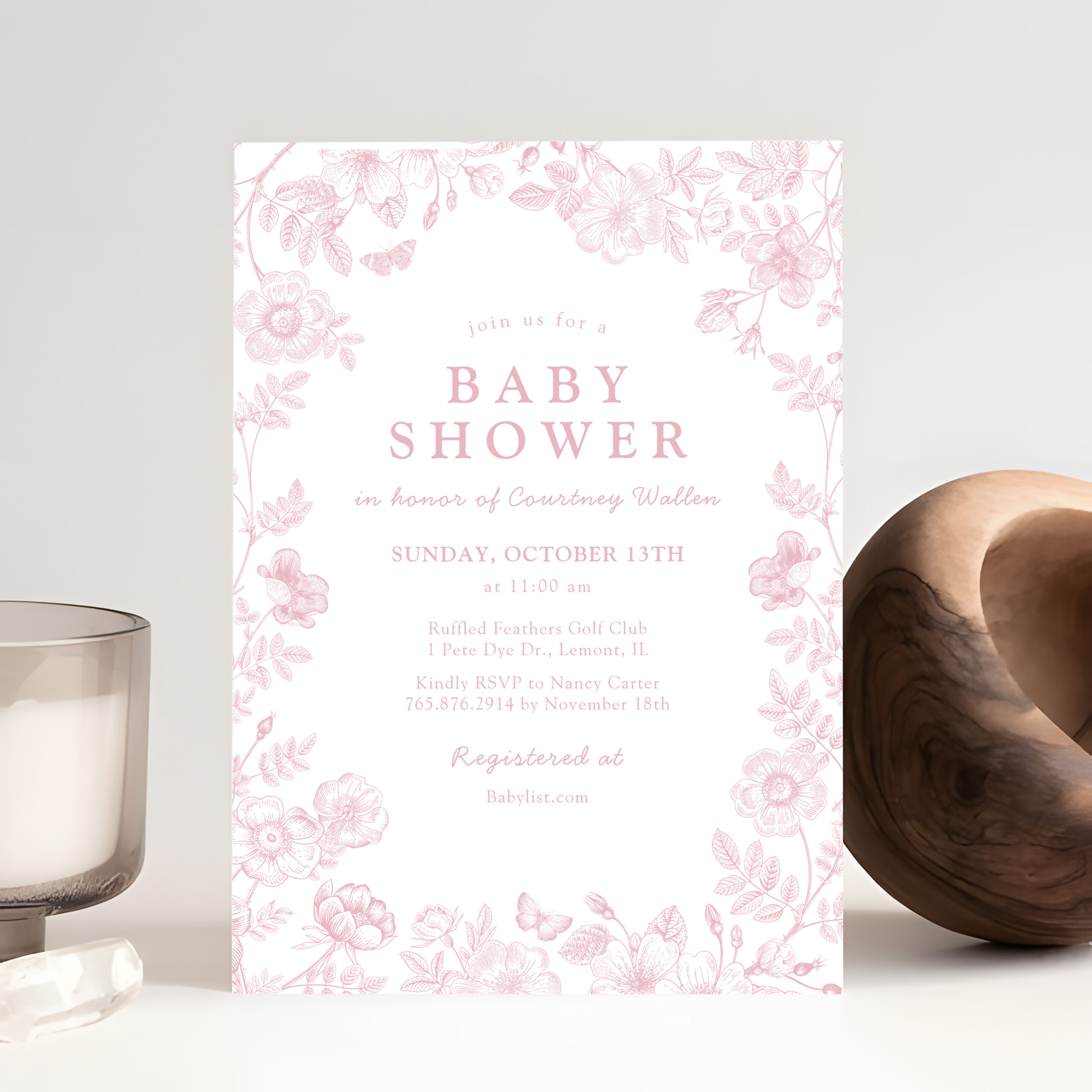 Vintage Elegant Chinoiserie Blush Floral Baby Invitation
